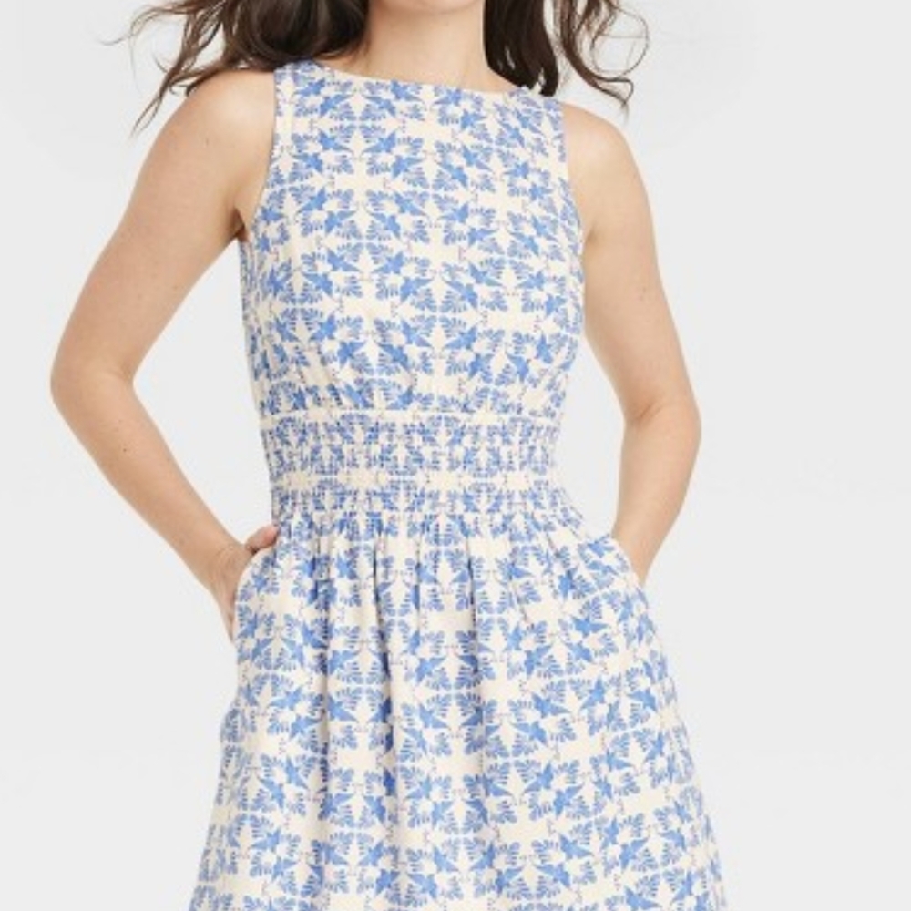 NWT Ikat Blue and White Linen Mini Sundress